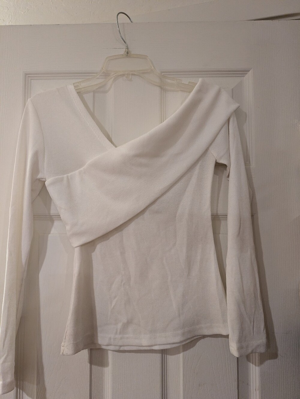 White Off-Shoulder Ribbed Long Sleeve Top